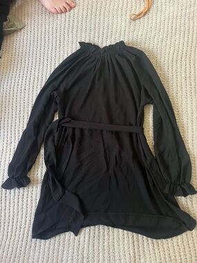 Forever 21 Black Long-Sleeve Ruffle Neck Dress with Waist Tie